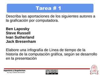 Tarea # 1
Describa las aportaciones de los siguientes autores a
la graficación por computadora.
Ben Laposky
Steve Russell
Ivan Sutherland
Jack Bresenham
Elabore una infografía de Linea de tiempo de la
historia de la computación gráfica, según se desarrollo
en la presentación
 