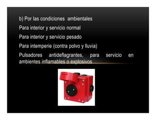 b) Por las condiciones ambientales
Para interior y servicio normal
Para interior y servicio pesado
Para intemperie (contra polvo y lluvia)
Pulsadores antideflagrantes, para servicio en
ambientes inflamables o explosivos
b) Por las condiciones ambientales
Para interior y servicio normal
Para interior y servicio pesado
Para intemperie (contra polvo y lluvia)
Pulsadores antideflagrantes, para servicio en
ambientes inflamables o explosivos
 