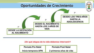 DESDE LA GESTACIÓN
AL NACIMIENTO
DESDE EL NACIMIENTO
HASTA LOS 3 AÑOS DE
VIDA
DESDE LOS TRES AÑOS
HASTA LA
ADOLESCENCIA
¿En qué etapas de la vida debemos intervenir?
Período Pre Natal
Inicio temprano APN
Período Post Natal
2 primeros años de vida
Oportunidades de Crecimiento
1º
2º
3º
 