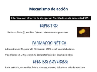 Mecanismo de acción
Interfiere con el factor de elongación G uniéndose a la subunidad 30S.
ESPECTRO
Bacterias Gram (-) aerobias. Sólo es potente contra gonococo.
FARMACOCINÉTICA
Administración IM, poca VO. Eliminación 100% renal, sin metabolismo.
Vida media: 1,5-2 hs; se elimina completamente del plasma en 48 hs.
EFECTOS ADVERSOS
Rash, urticaria, escalofríos, fiebre, nauseas, mareos, dolor en el sitio de inyección
 