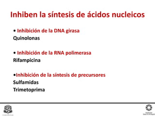 • Inhibición de la DNA girasa
Quinolonas
• Inhibición de la RNA polimerasa
Rifampicina
•Inhibición de la síntesis de precursores
Sulfamidas
Trimetoprima
Inhiben la síntesis de ácidos nucleicos
 