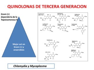 QUINOLONAS DE TERCERA GENERACION
Mejor act en
Gram (+) y
anaerobios
Gram (+)
dependería de la
Topoisomerasa IV
Chlamydia y Mycoplasma
 