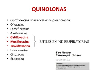 QUINOLONAS
• Ciprofloxacina: mas eficaz en la pseudomona
• Ofloxacina
• Lomefloxacina
• Amifloxacina
• Gatifloxacina
• Moxifloxacina
• Trovafloxacina
• Levofloxacina
• Cinoxacina
• Enoxacina
UTILES EN INF. RESPIRATORIAS
 