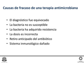 • El diagnóstico fue equivocado
• La bacteria no es susceptible
• La bacteria ha adquirido resistencia
• La dosis es incorrecta
• Retiro anticipado del antibiótico
• Sistema inmunológico dañado
Causas de fracaso de una terapia antimicrobiana
 