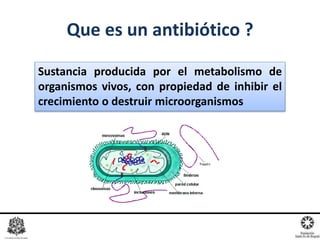 Sustancia producida por el metabolismo de
organismos vivos, con propiedad de inhibir el
crecimiento o destruir microorganismos
Que es un antibiótico ?
 