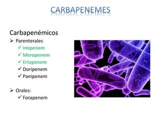 Carbapenémicos
 Parenterales
 Imipenem
 Meropenem
 Ertapenem
 Doripenem
 Panipenem
 Orales:
 Forapenem
Dr. Miguel L. Rodríguez G.
R1 Farmacología Clínica
 