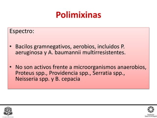 Espectro:
• Bacilos gramnegativos, aerobios, incluidos P.
aeruginosa y A. baumannii multirresistentes.
• No son activos frente a microorganismos anaerobios,
Proteus spp., Providencia spp., Serratia spp.,
Neisseria spp. y B. cepacia
Polimixinas
Arbo S. Antonio
Antibióticos en pediatria
Mc Graw Hill, Mexico, 2008, 300pags
Dr. Miguel L. Rodríguez G.
R1 Farmacología Clínica
 