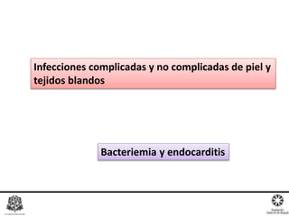 Infecciones complicadas y no complicadas de piel y
tejidos blandos
Bacteriemia y endocarditis
 