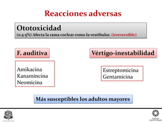 Amikacina
Kanamincina
Neomicina
Más susceptibles los adultos mayores
Vértigo-inestabilidad
Estreptomicina
Gentamicina
F. auditiva
Reacciones adversas
Ototoxicidad
(0.5-5%) Afecta la rama coclear como la vestibular. (irreversible)
 