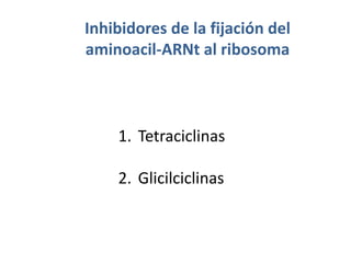 Inhibidores de la fijación del
aminoacil-ARNt al ribosoma
1. Tetraciclinas
2. Glicilciclinas
 