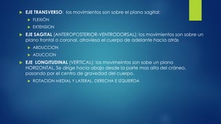  EJE TRANSVERSO: los movimientos son sobre el plano sagital:
 FLEXIÓN
 EXTENSION
 EJE SAGITAL (ANTEROPOSTERIOR-VENTRODORSAL): los movimientos son sobre un
plano frontal o coronal, atraviesa el cuerpo de adelante hacia atrás
 ABDUCCION
 ADUCCION
 EJE LONGITUDINAL (VERTICAL): los movimeintos son sobe un plano
HORIZONTAL, Se dirige hacia abajo desde la parte mas alta del cráneo,
pasando por el centro de gravedad del cuerpo,
 ROTACION MEDIAL Y LATERAL, DERECHA E IZQUIERDA
 