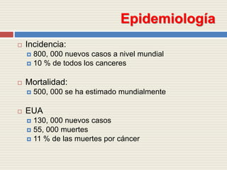 Epidemiología
 Incidencia:
 800, 000 nuevos casos a nivel mundial
 10 % de todos los canceres
 Mortalidad:
 500, 000 ...