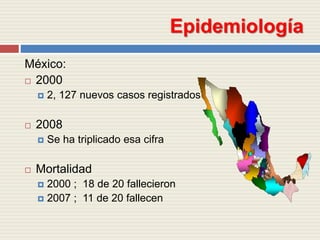 Epidemiología
México:
 2000
 2, 127 nuevos casos registrados
 2008
 Se ha triplicado esa cifra
 Mortalidad
 2000 ; 1...