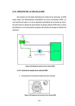 - 202 -
2.15. CIRCUITO DE LA VÁLVULA EGR
De acuerdo con los datos obtenidos por medio de los sensores, la ECM
actúa sobre una electroválvula controladora de vacío (convertidor EGR). La
cual permite dar paso o no de la depresión procedente de la bomba de vacío.
De esta forma la válvula de recirculación de gases (válvula EGR) abre o cierra
permitiendo o no la recirculación de gases del colector de escape al colector de
admisión.
Figura 2.54 Diagrama eléctrico de la válvula EGR
2.15.1 Control de estado de la válvula EGR
Comprobar las conexiones eléctricas del conector.
Figura 2.55 Esquema del conector de la válvula EGR
 