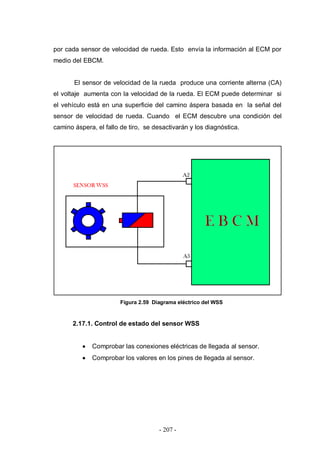 - 207 -
por cada sensor de velocidad de rueda. Esto envía la información al ECM por
medio del EBCM.
El sensor de velocidad de la rueda produce una corriente alterna (CA)
el voltaje aumenta con la velocidad de la rueda. El ECM puede determinar si
el vehículo está en una superficie del camino áspera basada en la señal del
sensor de velocidad de rueda. Cuando el ECM descubre una condición del
camino áspera, el fallo de tiro, se desactivarán y los diagnóstica.
Figura 2.59 Diagrama eléctrico del WSS
2.17.1. Control de estado del sensor WSS
Comprobar las conexiones eléctricas de llegada al sensor.
Comprobar los valores en los pines de llegada al sensor.
 