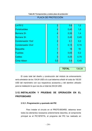- 230 -
Tabla III.7 Componentes y costos placa de protección
PLACA DE PROTECCIÓN
Lm7812 2 0,6 1,2
Portafusibles 4 0,45 1,8
Bornera 2h 4 0,35 1,4
Bornera 3h 1 0,45 0,45
Condensador 10uf 2 0,1 0,2
Condensador 33uf 1 0,15 0,15
Baquelita 1 16 16
Fusibles 4 0,05 0,2
Cables 3 0,25 0,75
Cinta ribbon 0,5 0,9 0,45
TOTAL 134,04
El costo total del diseño y construcción del módulo de entrenamiento
sería alrededor de los 134,04 USD a lo cual debemos añadir el costo de 100,00
USD del manómetro con sus respectivos accesorios y del alambre utilizado
para la instalación lo que nos da un total de 234,04 USD.
3.12. INSTALACIÓN Y PRUEBAS DE OPERACIÓN EN EL
PROTOBOARD
3.12.1. Programación y quemado del PIC
Para instalar el circuito en el PROTO-BOARD, debemos tener
todos los elementos necesarios anteriormente descritos, el componente
principal es el PIC16F877A, el programa del PIC fue realizado en
 