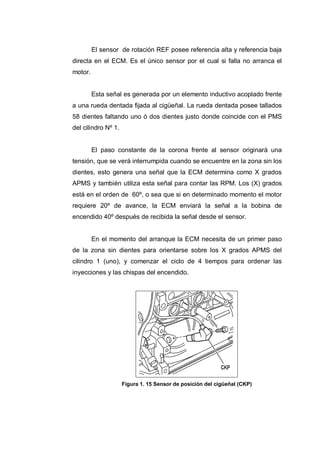 El sensor de rotación REF posee referencia alta y referencia baja
directa en el ECM. Es el único sensor por el cual si falla no arranca el
motor.
Esta señal es generada por un elemento inductivo acoplado frente
a una rueda dentada fijada al cigüeñal. La rueda dentada posee tallados
58 dientes faltando uno ó dos dientes justo donde coincide con el PMS
del cilindro Nº 1.
El paso constante de la corona frente al sensor originará una
tensión, que se verá interrumpida cuando se encuentre en la zona sin los
dientes, esto genera una señal que la ECM determina como X grados
APMS y también utiliza esta señal para contar las RPM. Los (X) grados
está en el orden de 60º, o sea que si en determinado momento el motor
requiere 20º de avance, la ECM enviará la señal a la bobina de
encendido 40º después de recibida la señal desde el sensor.
En el momento del arranque la ECM necesita de un primer paso
de la zona sin dientes para orientarse sobre los X grados APMS del
cilindro 1 (uno), y comenzar el ciclo de 4 tiempos para ordenar las
inyecciones y las chispas del encendido.
Figura 1. 15 Sensor de posición del cigüeñal (CKP)
 