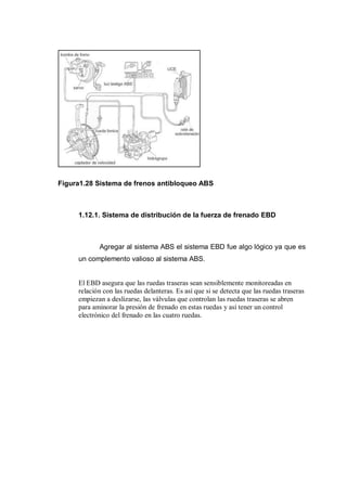Figura1.28 Sistema de frenos antibloqueo ABS
1.12.1. Sistema de distribución de la fuerza de frenado EBD
Agregar al sistema ABS el sistema EBD fue algo lógico ya que es
un complemento valioso al sistema ABS.
El EBD asegura que las ruedas traseras sean sensiblemente monitoreadas en
relación con las ruedas delanteras. Es así que si se detecta que las ruedas traseras
empiezan a deslizarse, las válvulas que controlan las ruedas traseras se abren
para aminorar la presión de frenado en estas ruedas y así tener un control
electrónico del frenado en las cuatro ruedas.
 