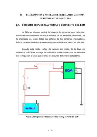 - 156 -
II. DIAGRAMACIÓN Y PRUEBAS DEL SISTEMA MPFI Y SISTEMA
DE FRENOS ANTIBLOQUEO ABS
2.1. CIRCUITO DE PUESTA A TIERRA Y CORRIENTE DEL ECM
La ECM es el punto central del sistema de gerenciamiento del motor;
monitorea constantemente los datos recibidos de los sensores y controles; es
la encargada de recibir todas las señales de los sensores, interruptores,
batería para administrarlas y procesarlas por medio de sus memorias internas.
Cuando esta recibe voltaje de ignición por medio de la llave del
conductor, la ECM se encarga de suministrar voltaje hacia todos los sensores
que lo requieran al igual que controla los circuitos de tierra de actuadores.
Figura 2.1 Diagrama eléctrico de puesta a tierra y corriente del ECM
 