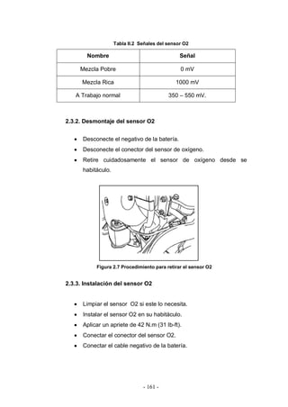 - 161 -
Tabla II.2 Señales del sensor O2
Nombre Señal
Mezcla Pobre 0 mV
Mezcla Rica 1000 mV
A Trabajo normal 350 – 550 mV.
2.3.2. Desmontaje del sensor O2
Desconecte el negativo de la batería.
Desconecte el conector del sensor de oxígeno.
Retire cuidadosamente el sensor de oxígeno desde se
habitáculo.
Figura 2.7 Procedimiento para retirar el sensor O2
2.3.3. Instalación del sensor O2
Limpiar el sensor O2 si este lo necesita.
Instalar el sensor O2 en su habitáculo.
Aplicar un apriete de 42 N.m (31 lb-ft).
Conectar el conector del sensor O2.
Conectar el cable negativo de la batería.
 