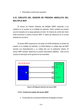 - 184 -
Reemplace cuando sea necesario.
2.10. CIRCUITO DEL SENSOR DE PRESION ABSOLUTA DEL
MULTIPLE MAP
El sensor de Presión Absoluta del Múltiple (MAP) responde a los
cambios en la succión en el múltiple de admisión. Estos cambios de presión
ocurren basados en la carga aplicada al motor. El módulo de control del motor
ECM suministra 5 voltios al sensor MAP, 5 voltios de referencia en el circuito
además de una tierra.
El sensor MAP proporciona una señal a la ECM señalando el cambio de
presión en el múltiple de admisión. La ECM detecta un voltaje bajo del MAP
durante una desaceleración y un voltaje alto con el acelerador abierto. El
sensor MAP también determina la presión barométrica (BARO). Esto ocurre
cuando el interruptor de la ignición se ha encendido.
Figura 2.36 Diagrama eléctrico del sensor MAP
2.10.1. Control de estado del sensor MAP
Comprobar las conexiones eléctricas de llegada al sensor
 