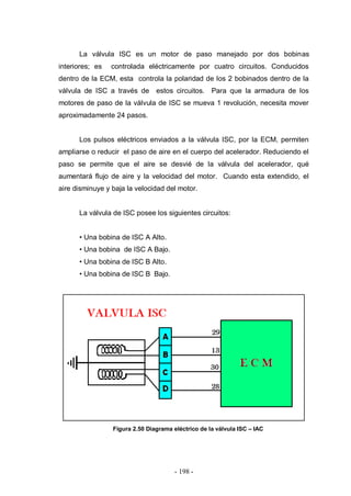 - 198 -
La válvula ISC es un motor de paso manejado por dos bobinas
interiores; es controlada eléctricamente por cuatro circuitos. Conducidos
dentro de la ECM, esta controla la polaridad de los 2 bobinados dentro de la
válvula de ISC a través de estos circuitos. Para que la armadura de los
motores de paso de la válvula de ISC se mueva 1 revolución, necesita mover
aproximadamente 24 pasos.
Los pulsos eléctricos enviados a la válvula ISC, por la ECM, permiten
ampliarse o reducir el paso de aire en el cuerpo del acelerador. Reduciendo el
paso se permite que el aire se desvié de la válvula del acelerador, qué
aumentará flujo de aire y la velocidad del motor. Cuando esta extendido, el
aire disminuye y baja la velocidad del motor.
La válvula de ISC posee los siguientes circuitos:
• Una bobina de ISC A Alto.
• Una bobina de ISC A Bajo.
• Una bobina de ISC B Alto.
• Una bobina de ISC B Bajo.
Figura 2.50 Diagrama eléctrico de la válvula ISC – IAC
 