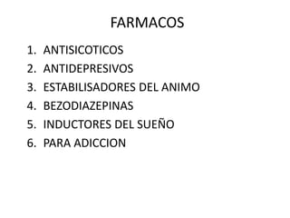 FARMACOS
1. ANTISICOTICOS
2. ANTIDEPRESIVOS
3. ESTABILISADORES DEL ANIMO
4. BEZODIAZEPINAS
5. INDUCTORES DEL SUEÑO
6. PARA ADICCION
 