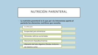 NUTRICIÓN PARENTERAL
• La nutrición parenteral es la que por vía intravenosa aporta al
paciente los elementos nutritivos que necesita.
Se utiliza para:
Incapacidad para alimentarse
Demandas calóricas aumentadas
Desnutrición (hipoalbuminemia)
Alteración del tubo digestivo (fístulas, síndrome
de intestino corto)
 