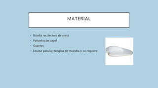 MATERIAL
• Botella recolectora de orina
• Pañuelos de papel
• Guantes
• Equipo para la recogida de muestra si se requiere
 