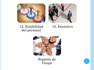 12. Estabilidad
del personal
13. Iniciativa
Espíritu de
Grupo
 