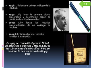  1996: Lilly lanza el primer análogo de la
insulina.
 1999: Lilly lanza la primera pluma
precargada y desechable capaz de
dosificar de unidad en unidad
 2000: Lilly lanza las mezclas
preestablecidas de un análogo de
insulina.
 2005: Lilly lanza el primer incretin
mimético, exenatida.
En 1923 se concedió el premio Nobel
de Medicina a Banting y McLeod por el
descubrimiento de la insulina. Pero en
realidad la descubrieron Banting y
Best
12
12
 