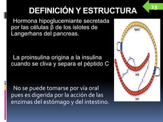 DEFINICIÓN Y ESTRUCTURA
•Hormona hipoglucemiante secretada
por las células β de los islotes de
Langerhans del pancreas.
•La proinsulina origina a la insulina
cuando se cliva y separa el péptido C.
•No se puede tomarse por vía oral
pues es digerida por la acción de las
enzimas del estómago y del intestino.
13
 