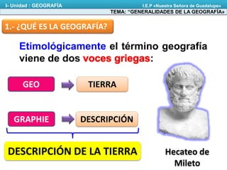 1.- ¿QUÉ ES LA GEOGRAFÍA?
GEO
GRAPHIE
TIERRA
DESCRIPCIÓN
DESCRIPCIÓN DE LA TIERRA
Etimológicamente el término geografía
viene de dos :
Hecateo de
Mileto
TEMA: “GENERALIDADES DE LA GEOGRAFÍA»
I- Unidad : GEOGRAFÍA I.E.P «Nuestra Señora de Guadalupe»