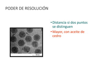 PODER DE RESOLUCIÓN
•Distancia si dos puntos
se distinguen
•Mayor, con aceite de
cedro
 