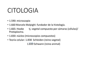 CITOLOGIA
• 1.590: microscopio
• 1.660 Marcelo Malpighi: fundador de la histología.
• 1.665: Hooke tj. vegetal compuesto por cámaras (células)/
Protoplasma.
• 1.830: núcleo (microscopios compuestos)
• Teoría celular: 1.838 Schleiden (reino vegetal)
1.839 Schwann (reino animal)
 
