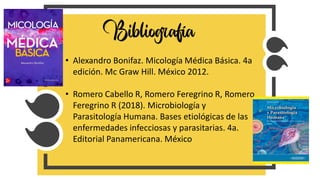 Bibliografía
• Alexandro Bonifaz. Micología Médica Básica. 4a
edición. Mc Graw Hill. México 2012.
• Romero Cabello R, Romero Feregrino R, Romero
Feregrino R (2018). Microbiología y
Parasitología Humana. Bases etiológicas de las
enfermedades infecciosas y parasitarias. 4a.
Editorial Panamericana. México
 