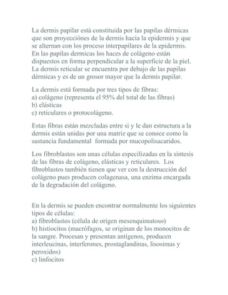 La dermis papilar está constituida por las papilas dérmicas
que son proyecciónes de la dermis hacia la epidermis y que
se alternan con los proceso interpapilares de la epidermis.
En las papilas dermicas los haces de colágeno están
dispuestos en forma perpendicular a la superficie de la piel.
La dermis reticular se encuentra por debajo de las papilas
dérmicas y es de un grosor mayor que la dermis papilar.
La dermis está formada por tres tipos de fibras:
a) colágeno (representa el 95% del total de las fibras)
b) elásticas
c) reticulares o protocolágeno.
Estas fibras están mezcladas entre si y le dan estructura a la
dermis están unidas por una matriz que se conoce como la
sustancia fundamental formada por mucopolisacaridos.
Los fibroblastos son unas células especilizadas en la síntesis
de las fibras de colágeno, elásticas y reticulares. Los
fibroblastos también tienen que ver con la destrucción del
colágeno pues producen colagenasa, una enzima encargada
de la degradación del colágeno.


En la dermis se pueden encontrar normalmente los siguientes
tipos de células:
a) fibroblastos (célula de origen mesenquimatoso)
b) histiocitos (macrófagos, se originan de los monocitos de
la sangre. Procesan y presentan antígenos, producen
interleucinas, interferones, prostaglandinas, lisosimas y
peroxidos)
c) linfocitos
 