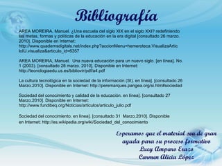   AREA MOREIRA, Manuel.  ¿Una escuela del siglo XIX en el siglo XXI? redefiniendo las metas, formas y políticas de la educación en la era digital  [consultado 26 marzo. 2010].  Disponible en Internet: http://www.quadernsdigitals.net/index.php?accionMenu=hemeroteca.VisualizaArtic loIU.visualiza&articulo_id=6357 AREA MOREIRA, Manuel.  Una nueva educación para un nuevo siglo.  [en línea]. No. 1 (2003). [consultado 28 marzo. 2010].  Disponible en Internet: http://tecnologiaedu.us.es/bibliovir/pdf/a4.pdf La cultura tecnológica en la sociedad de la información (SI). en línea]. [consultado 26 Marzo.2010]. Disponible en Internet: http://peremarques.pangea.org/si.htm#sociedad Sociedad del conocimiento y calidad de la educación. en línea]. [consultado 27 Marzo.2010]. Disponible en Internet: http://www.fundibeq.org/Noticias/articulos/articulo_julio.pdf Sociedad del conocimiento.  en línea]. [consultado 31  Marzo.2010]. Disponible en Internet: http://es.wikipedia.org/wiki/Sociedad_del_conocimiento       