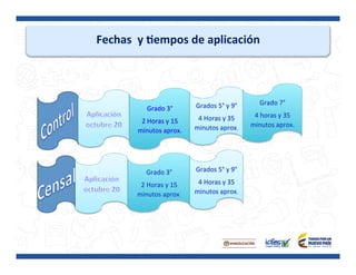 Fechas	
  	
  y	
  Bempos	
  de	
  aplicación	
  
	
  
Grado	
  3°	
  
2	
  Horas	
  y	
  15	
  
minutos	
  aprox.	
  
	
  
Grados	
  5°	
  y	
  9°	
  
4	
  Horas	
  y	
  35	
  
minutos	
  aprox.	
  
Grado	
  3°	
  
2	
  Horas	
  y	
  15	
  
minutos	
  aprox.	
  
Grados	
  5°	
  y	
  9°	
  
4	
  Horas	
  y	
  35	
  
minutos	
  aprox.	
  
Grado	
  7°	
  
4	
  horas	
  y	
  35	
  
minutos	
  aprox.	
  
 