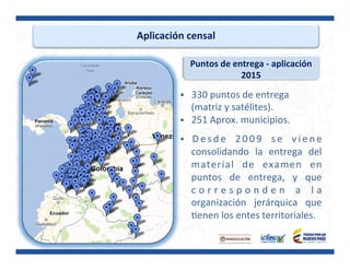 Aplicación	
  censal	
  
Puntos	
  de	
  entrega	
  -­‐	
  aplicación	
  	
  
2015	
  
§  330	
  puntos	
  de	
  entrega	
  
(matriz	
  y	
  satélites).	
  
§  251	
  Aprox.	
  municipios.	
  
§  D e s d e	
   2 0 0 9	
   s e	
   v i e n e	
  
consolidando	
   la	
   entrega	
   del	
  
material	
   de	
   examen	
   en	
  
puntos	
   de	
   entrega,	
   y	
   que	
  
c o r r e s p o n d e n	
   a	
   l a	
  
organización	
   jerárquica	
   que	
  
Penen	
  los	
  entes	
  territoriales.	
  	
  
	
  
	
  
 