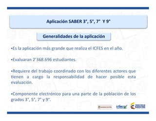Aplicación	
  SABER	
  3°,	
  5°,	
  7°	
  	
  Y	
  9°	
  
Generalidades	
  de	
  la	
  aplicación	
  
§ Es	
  la	
  aplicación	
  más	
  grande	
  que	
  realiza	
  el	
  ICFES	
  en	
  el	
  año.	
  
§ Evaluaran	
  2’368.696	
  estudiantes.	
  
§ Requiere	
  del	
  trabajo	
  coordinado	
  con	
  los	
  diferentes	
  actores	
  que	
  
Penen	
   a	
   cargo	
   la	
   responsabilidad	
   de	
   hacer	
   posible	
   esta	
  
evaluación.	
  
§ Componente	
  electrónico	
  para	
  una	
  parte	
  de	
  la	
  población	
  de	
  los	
  
grados	
  3°,	
  5°,	
  7°	
  y	
  9°.	
  
 