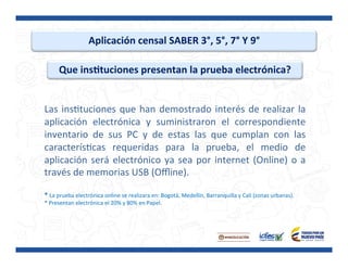 Aplicación	
  censal	
  SABER	
  3°,	
  5°,	
  7°	
  Y	
  9°	
  
Que	
  insBtuciones	
  presentan	
  la	
  prueba	
  electrónica?	
  
	
  
Las	
  insPtuciones	
  que	
  han	
  demostrado	
  interés	
  de	
  realizar	
  la	
  
aplicación	
   electrónica	
   y	
   suministraron	
   el	
   correspondiente	
  
inventario	
   de	
   sus	
   PC	
   y	
   de	
   estas	
   las	
   que	
   cumplan	
   con	
   las	
  
caracterísPcas	
   requeridas	
   para	
   la	
   prueba,	
   el	
   medio	
   de	
  
aplicación	
  será	
  electrónico	
  ya	
  sea	
  por	
  internet	
  (Online)	
  o	
  a	
  
través	
  de	
  memorias	
  USB	
  (Oﬄine).	
  
	
  
*	
  La	
  prueba	
  electrónica	
  online	
  se	
  realizara	
  en:	
  Bogotá,	
  Medellín,	
  Barranquilla	
  y	
  Cali	
  (zonas	
  urbanas).	
  	
  
*	
  Presentan	
  electrónica	
  el	
  20%	
  y	
  80%	
  en	
  Papel.	
  
 