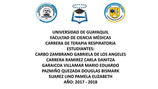 UNIVERSIDAD DE GUAYAQUIL
FACULTAD DE CIENCIA MÉDICAS
CARRERA DE TERAPIA RESPIRATORIA
ESTUDIANTES:
CARBO ZAMBRANO GABRIELA DE LOS ANGELES
CARRERA RAMIREZ CARLA DANITZA
GARAICOA VILLAMAR MARIO EDUARDO
PAZMIÑO QUEZADA DOUGLAS BISMARK
SUAREZ LINO PAMELA ELIZABETH
AÑO: 2017 - 2018
 