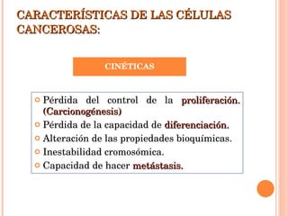 CARACTERÍSTICAS DE LAS CÉLULAS CANCEROSAS: Pérdida del control de la  proliferación. (Carcionogénesis) Pérdida de la capacidad de  diferenciación. Alteración de las propiedades bioquímicas. Inestabilidad cromosómica. Capacidad de hacer  metástasis. CINÉTICAS 