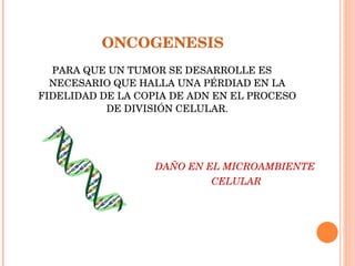 ONCOGENESIS PARA QUE UN TUMOR SE DESARROLLE ES NECESARIO QUE HALLA UNA PÉRDIAD EN LA FIDELIDAD DE LA COPIA DE ADN EN EL PROCESO DE DIVISIÓN CELULAR. DAÑO EN EL MICROAMBIENTE  CELULAR 