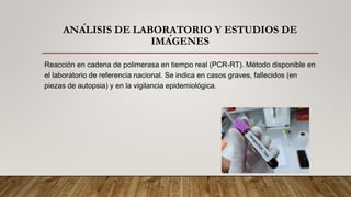 ANÁLISIS DE LABORATORIO Y ESTUDIOS DE
IMÁGENES
Reacción en cadena de polimerasa en tiempo real (PCR-RT). Método disponible en
el laboratorio de referencia nacional. Se indica en casos graves, fallecidos (en
piezas de autopsia) y en la vigilancia epidemiológica.
 