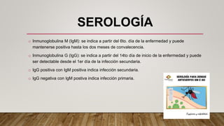 SEROLOGÍA
o Inmunoglobulina M (IgM): se indica a partir del 6to. día de la enfermedad y puede
mantenerse positiva hasta los dos meses de convalecencia.
o Inmunoglobulina G (IgG): se indica a partir del 14to día de inicio de la enfermedad y puede
ser detectable desde el 1er día de la infección secundaria.
o IgG positiva con IgM positiva indica infección secundaria.
o IgG negativa con IgM postiva indica infección primaria.
 