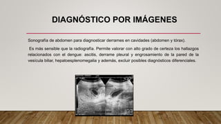 DIAGNÓSTICO POR IMÁGENES
Sonografía de abdomen para diagnosticar derrames en cavidades (abdomen y tórax).
Es más sensible que la radiografía. Permite valorar con alto grado de certeza los hallazgos
relacionados con el dengue: ascitis, derrame pleural y engrosamiento de la pared de la
vesícula biliar, hepatoesplenomegalia y además, excluir posibles diagnósticos diferenciales.
 