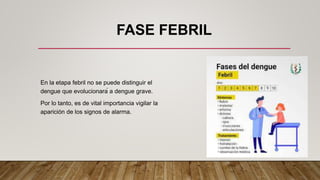 FASE FEBRIL
En la etapa febril no se puede distinguir el
dengue que evolucionará a dengue grave.
Por lo tanto, es de vital importancia vigilar la
aparición de los signos de alarma.
 