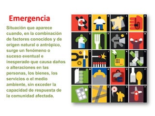 EmergenciaSituación que aparece cuando, en la combinación de factores conocidos y de origen natural o antrópico, surge un fenómeno o suceso eventual e inesperado que causa daños o alteraciones en las personas, los bienes, los servicios o el medio ambiente, sin exceder la capacidad de respuesta de la comunidad afectada.
